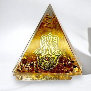 Handmade Gold Pyramid With Hamsa Hand Design & Chakra Energy Symbol